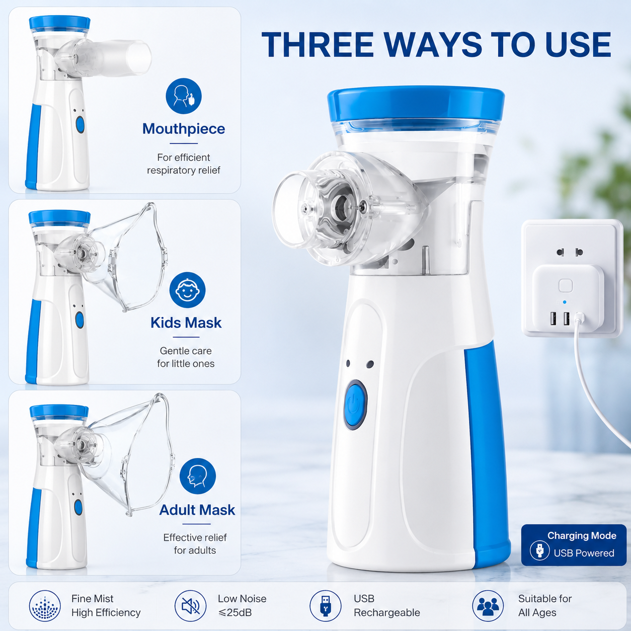 Portable Mesh Nebulizer – Silent Rechargeable Handheld Nebulizer for Adults & Kids | USB Charging | Fine Mist Inhaler